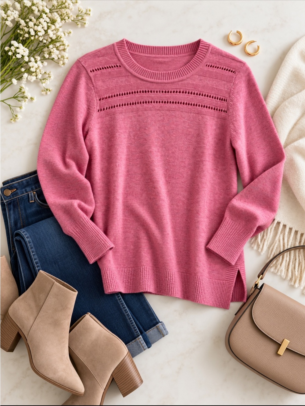 LOFT Pink Openwork Knit Sweater – Size Medium – NWT